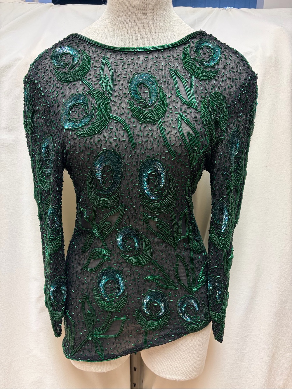 Dark Green Beaded Floral Long-Sleeve Top
